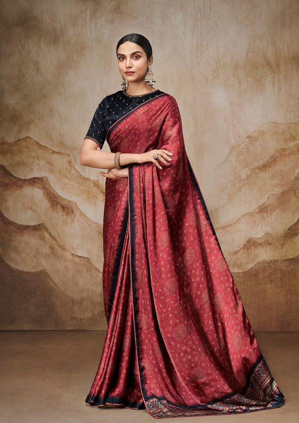 Red Ajrakh Style Digitally Crafted Saree HSC-0003