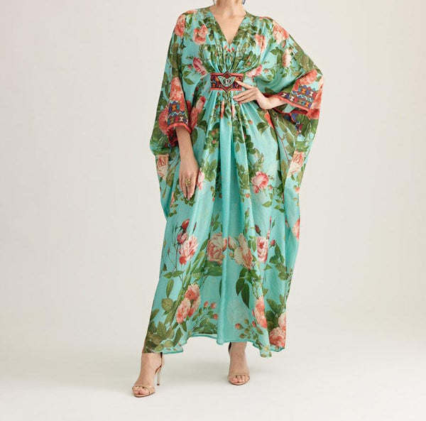 Aqua Floral Long Kaftan AUG-0001