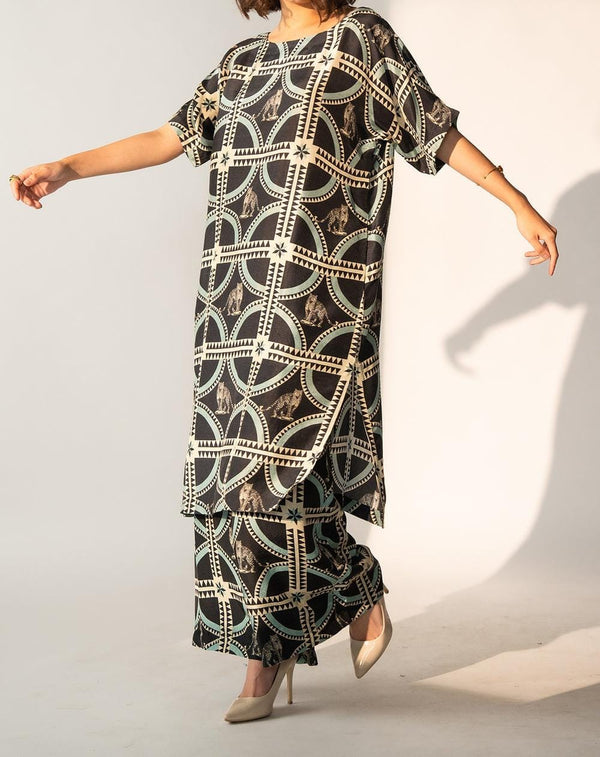 Geometric Tiger Design  Printed Silk Batwing Sleeve Kurta