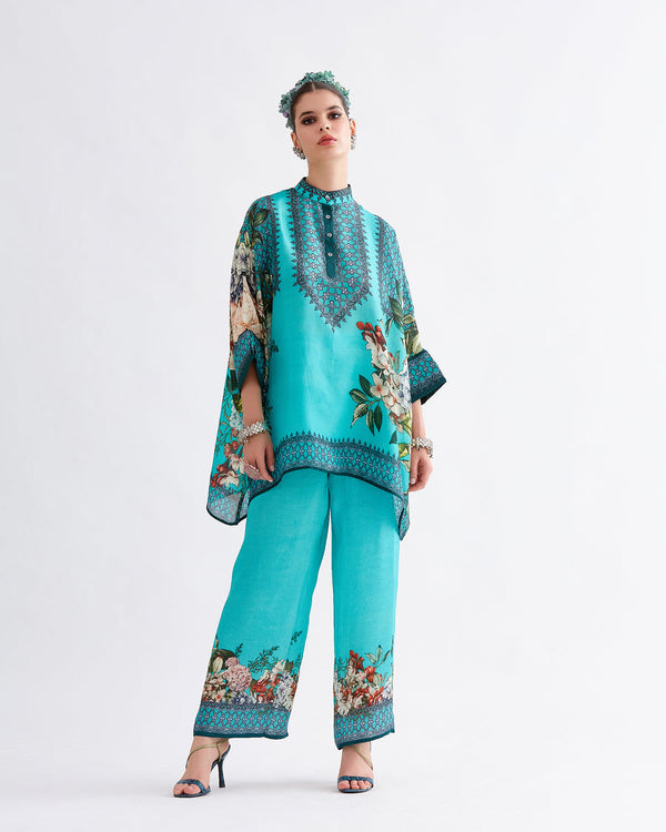 Jade Blue Floral Shirt Trousers Set HED-0017