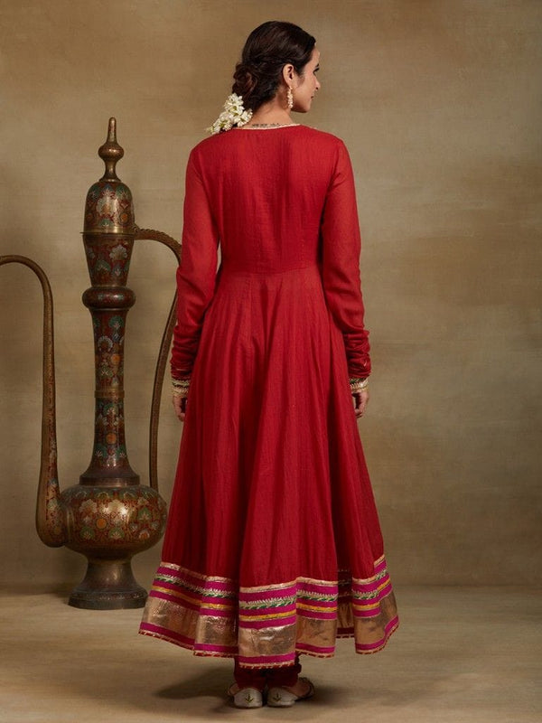 Red Gota Lawn Anarkali Kurta With Churidar