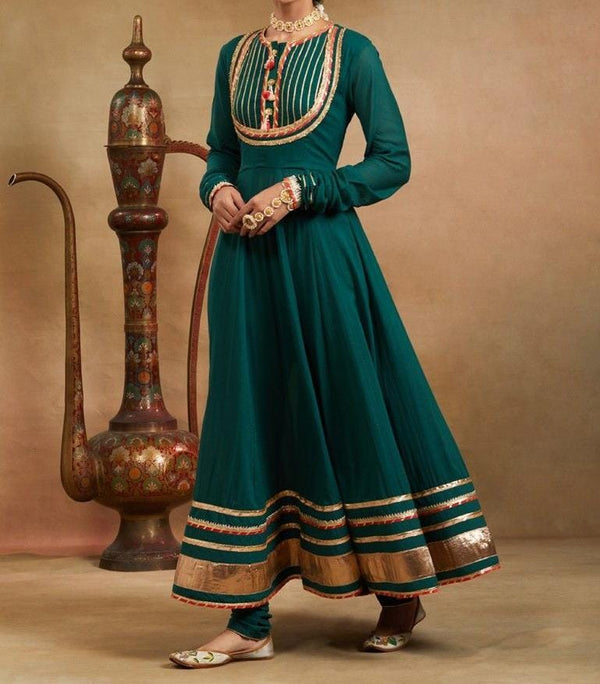 Green Gota Lawn Anarkali Kurta With Churidar