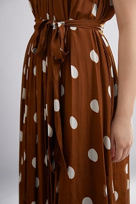 Brown & Cream Polka Dot Pleated Dress HLF-0053