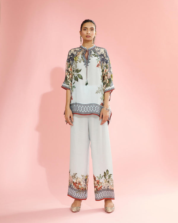 Powder Blue Floral Kaftan Trousers Set HED-0021