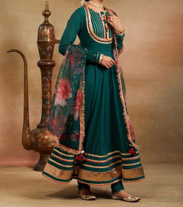 Green Gota Lawn Anarkali Kurta With Churidar