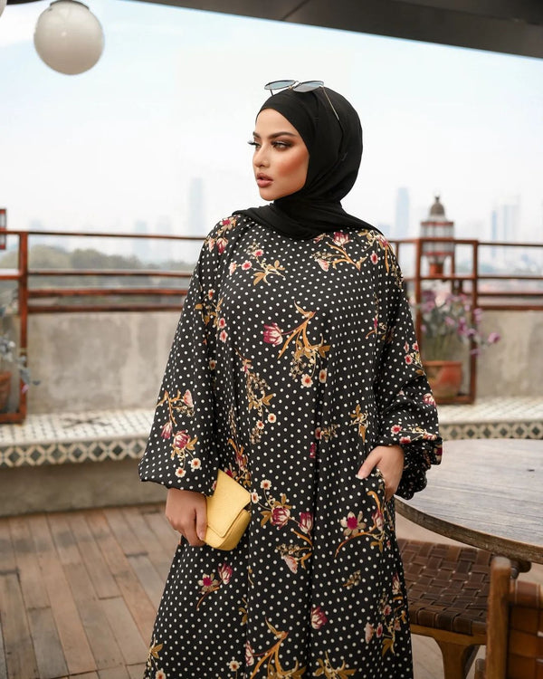 Black Dots Floral Abaya HAC-0021