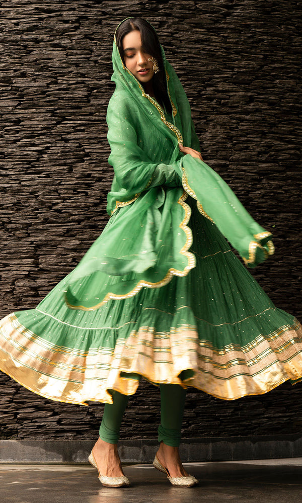 Green Gathered Anarkali With Chooridar HFD-0007