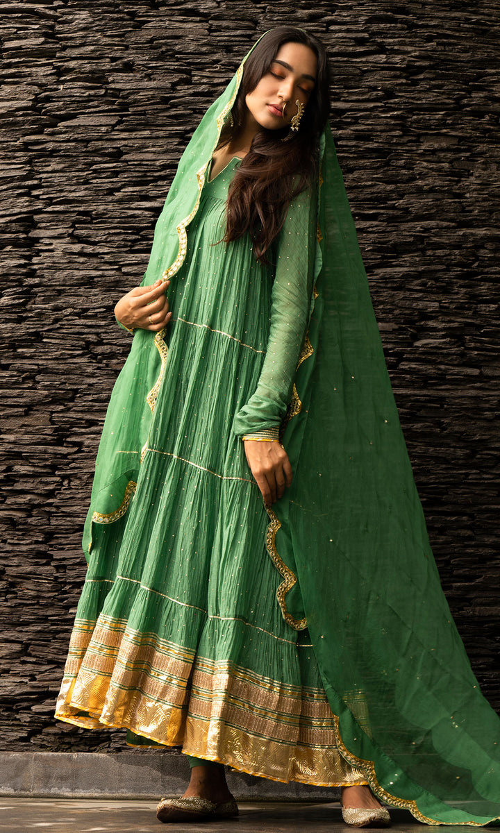 Green Gathered Anarkali With Chooridar HFD-0007