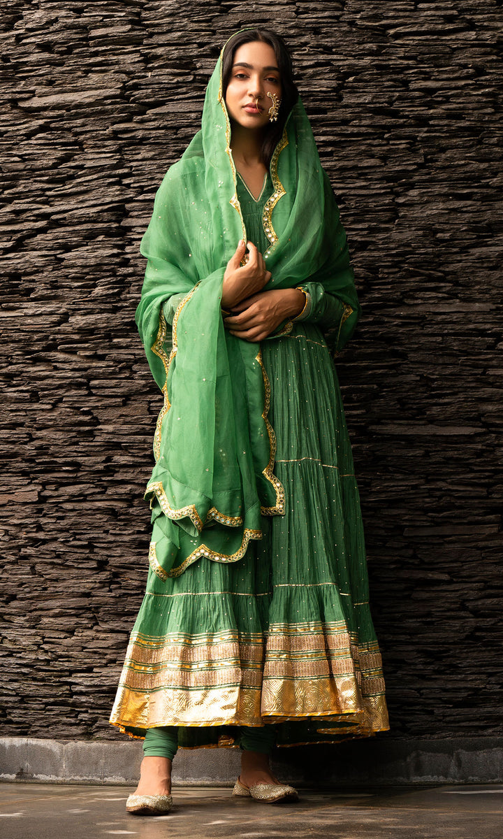 Green Gathered Anarkali With Chooridar HFD-0007