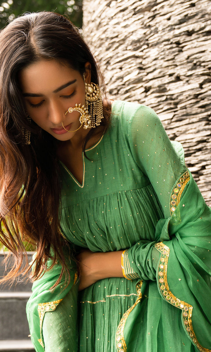 Green Gathered Anarkali With Chooridar HFD-0007