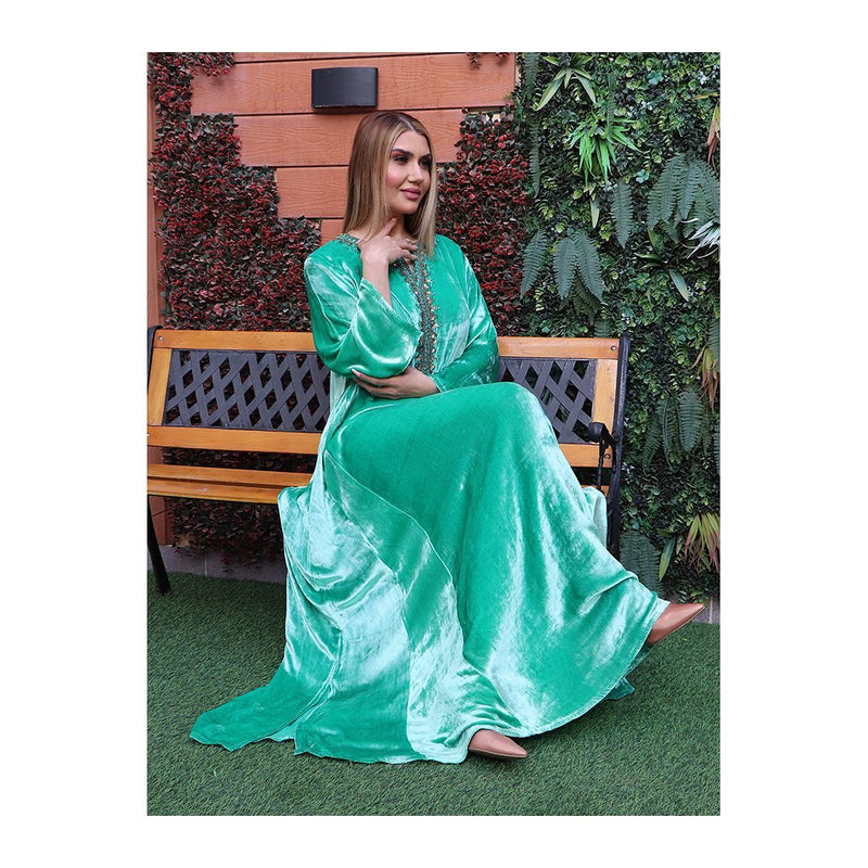 Sophisticated Dark Green Velvet Formal Gown with Fluffy Sleeves - $129.992  #V78056 - SheProm.com