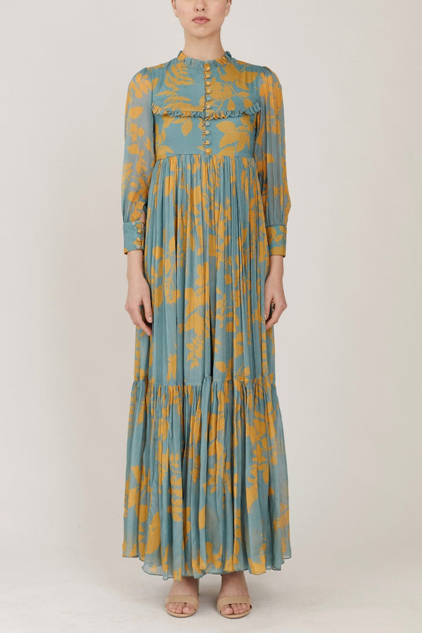 Blue & Yellow Floral Long Frock HLF-0041