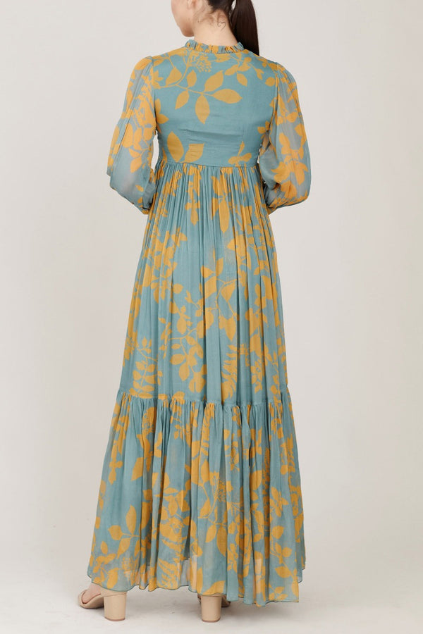 Blue & Yellow Floral Long Frock HLF-0041