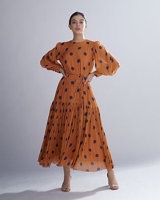 Orange & Blue Polka Long Frock HLF-0052