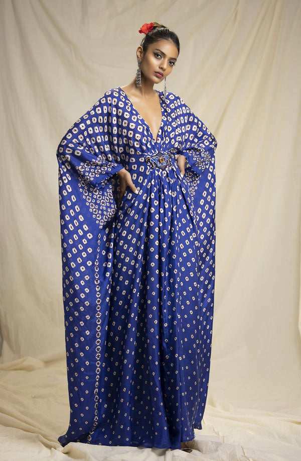 Blue BanDhani Silk Long Kaftan HLK-0189