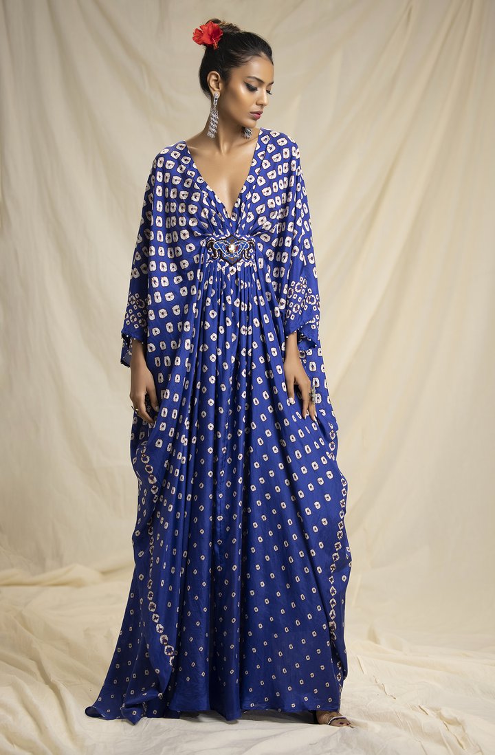 Blue BanDhani Silk Long Kaftan HLK-0189