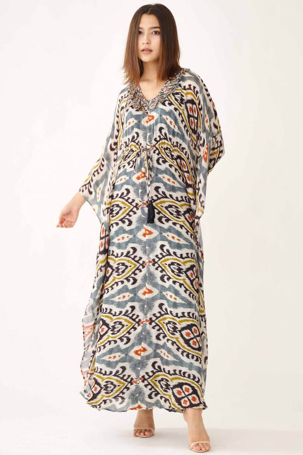 Blue With Grey & Orange Dabu Kaftan HLK-0056