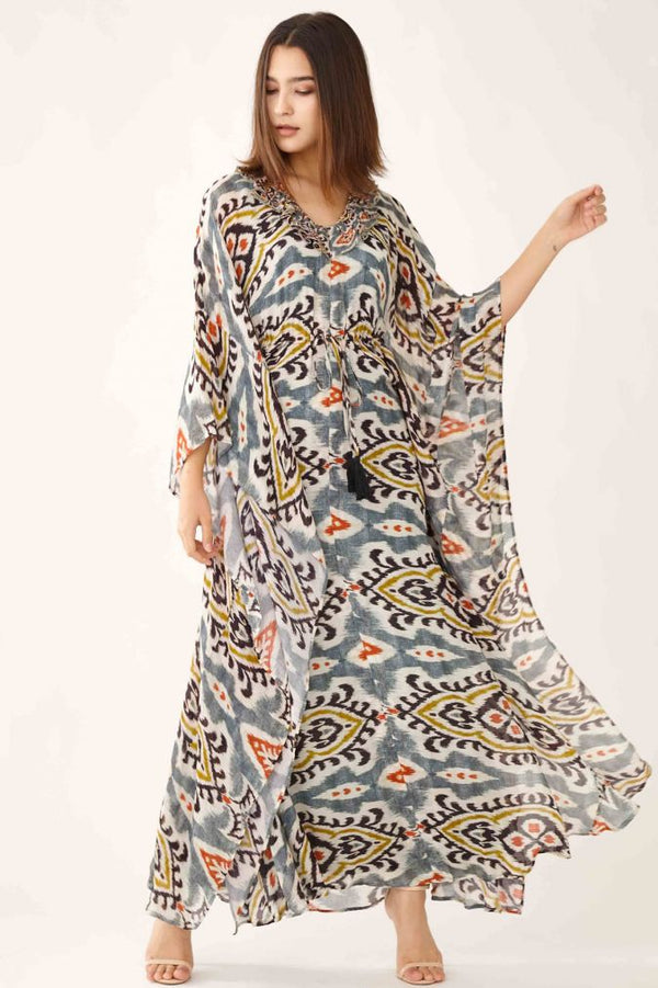 Blue With Grey & Orange Dabu Kaftan HLK-0056