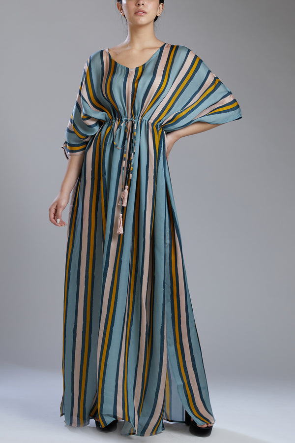 Yellow Blue Lines Long Kaftan HLK-0165