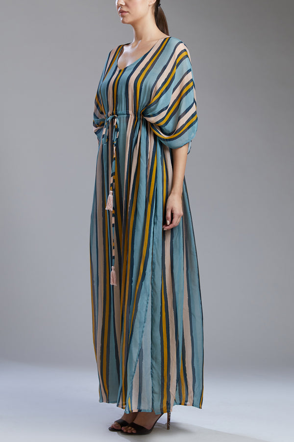 Yellow Blue Lines Long Kaftan HLK-0165